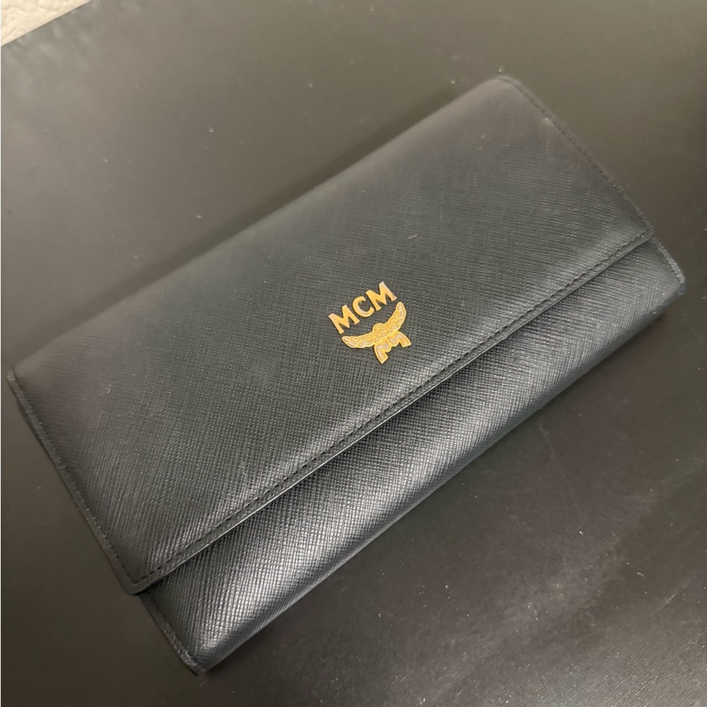 MCM Black Saffiano Leather Fold Wallet with Gold Emblem